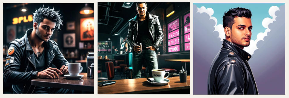 A strip of three AI-generated images of a male persona with consistent features (like leather jacket and hair) across different art styles, a Strategic AI Lab test evaluating character continuity for service design deliverables.