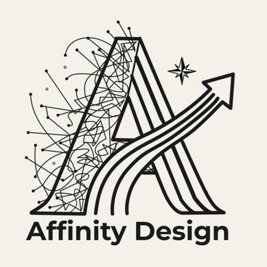 Affinity Design, a human-centered service design consultancy. A stylized letter 'A' that transitions from a complex, chaotic web of nodes to structured parallel lines and an upward-pointing arrow on the right, symbolizing strategic growth and clarity