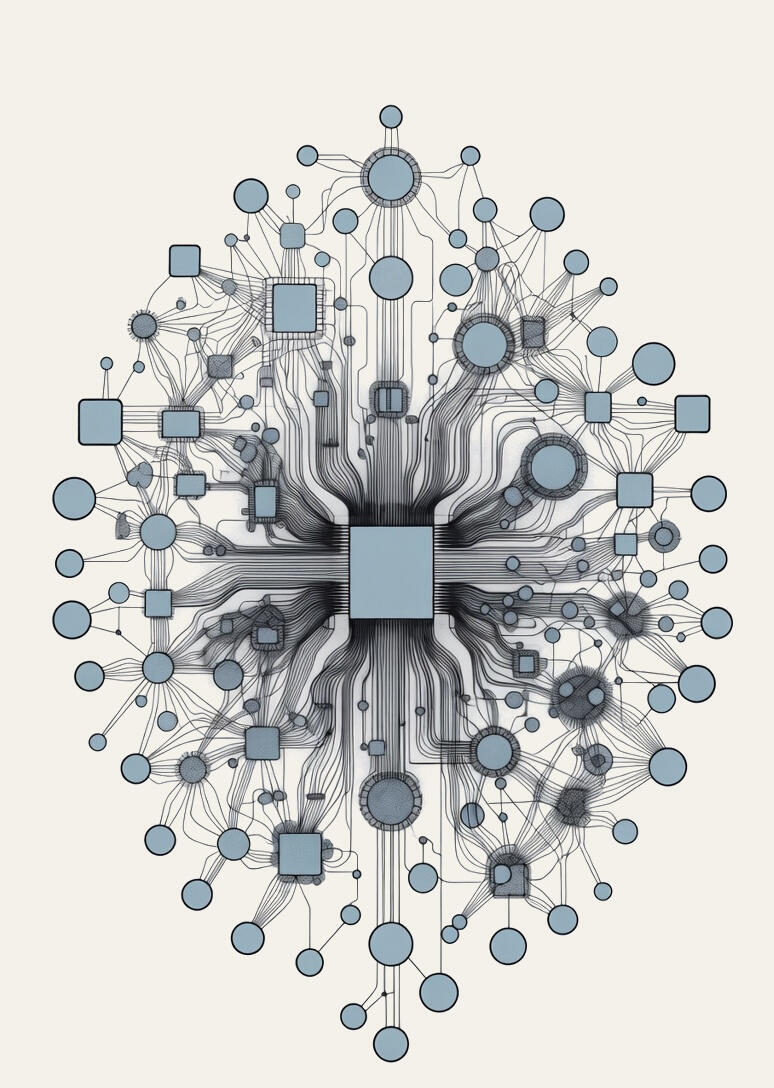 Complex experience architecture diagram representing human-centered service design ecosystems. Features a central hub with a dense network of interconnected lines & nodes, illustrating the intricate systems and data-driven architecture managed by Affinity