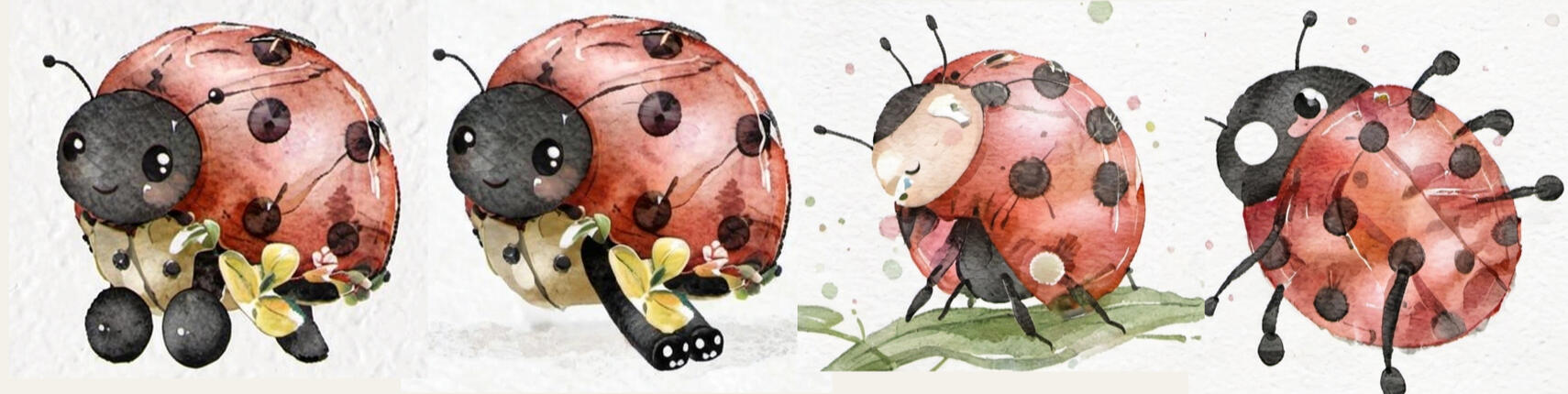 AI Lora and Model Boundaries: Identifying dataset limitations for non-human subjects. A horizontal, four-panel strip of watercolor-style AI-generated ladybug illustrations, used to test non-human dataset boundaries and generic model biases for diverse service design deliverables.